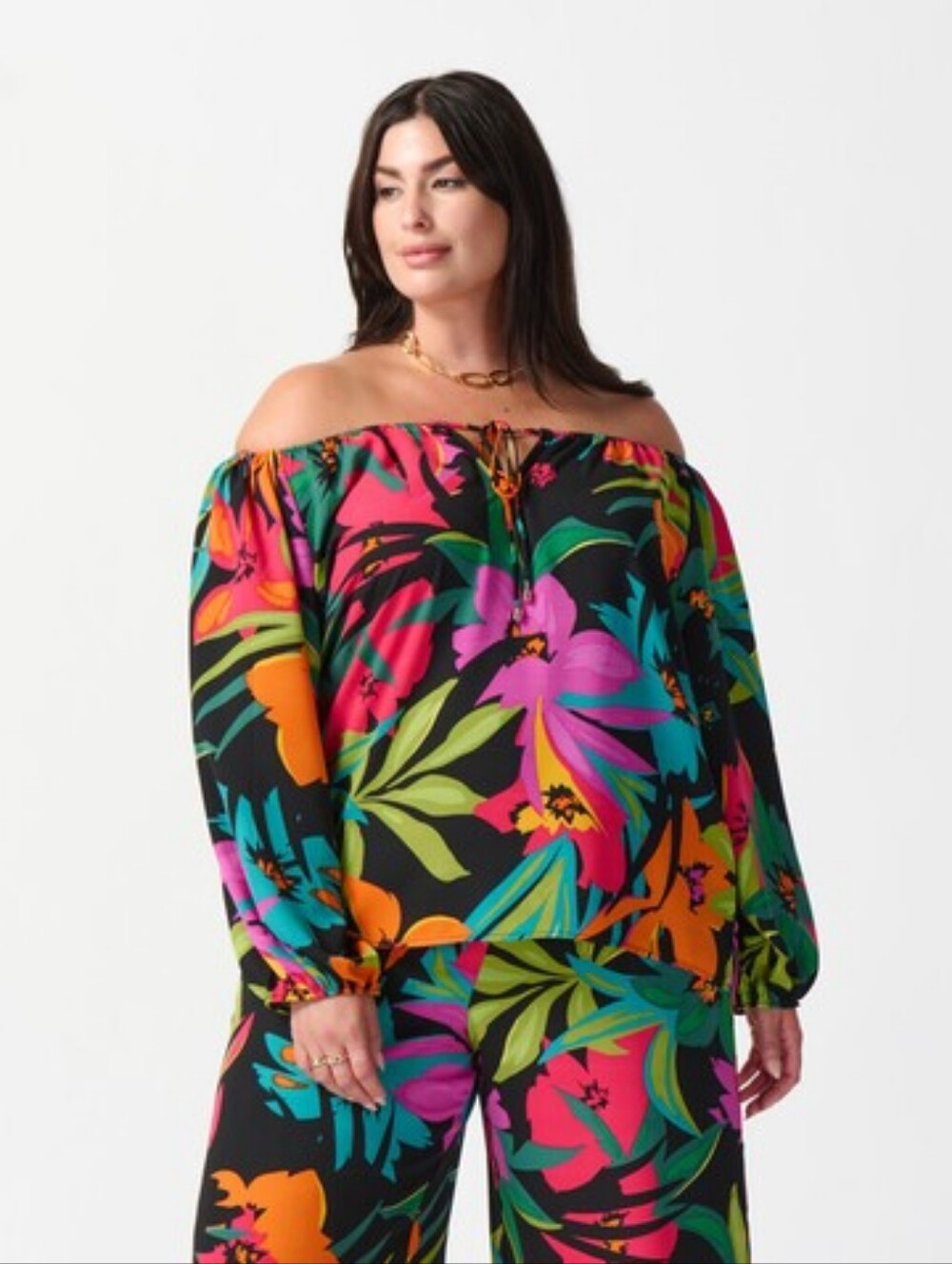NWOT Joseph Ribkoff 16 Hibiscus Print Off Shoulder Blouse Tropical Resortwear